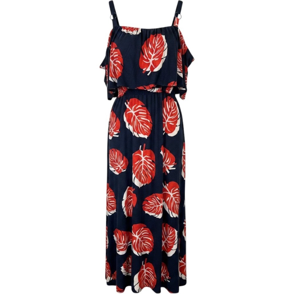 Lucky Brand Navy Orange Tropical Leaf Maxi Dress 3X